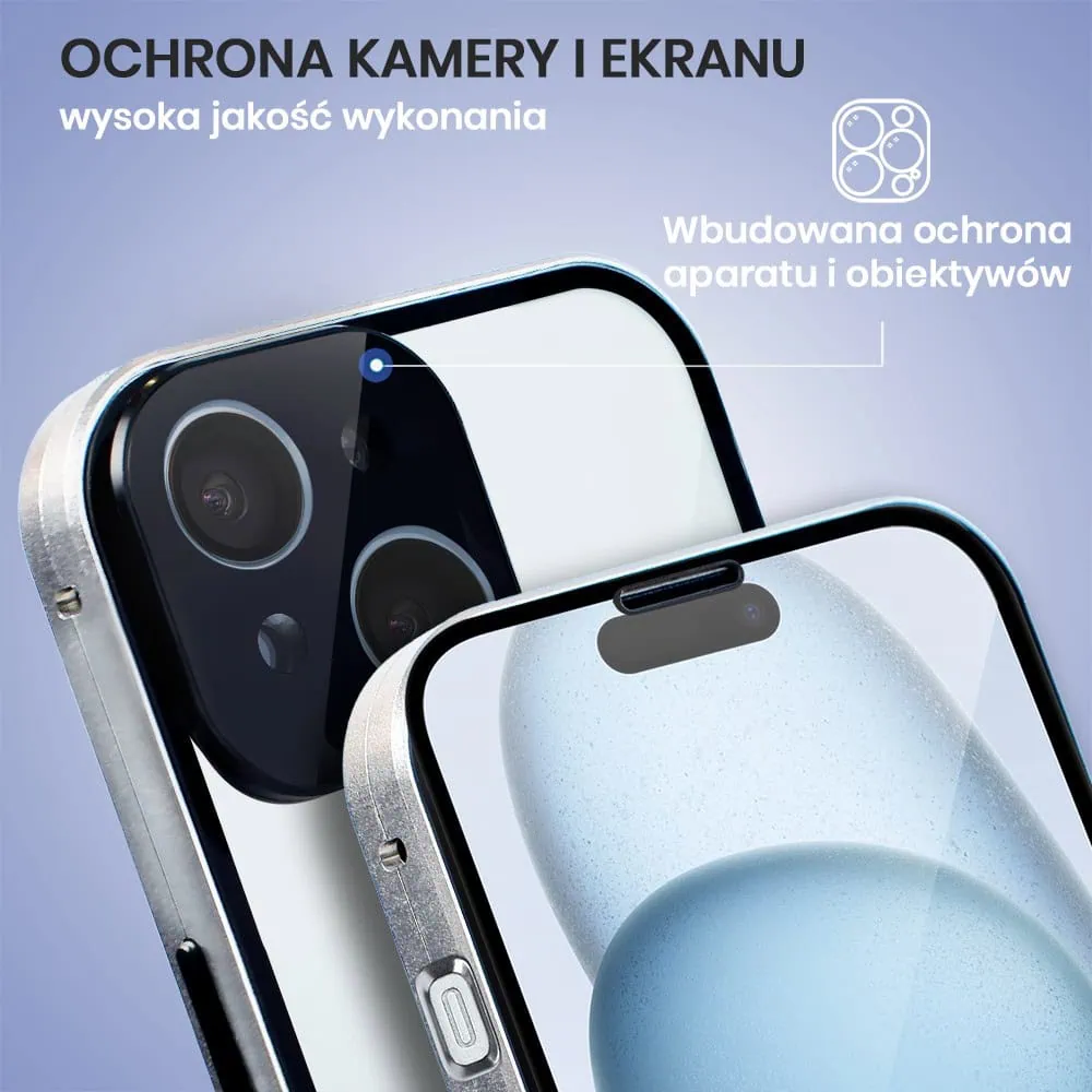 Obudowa do iPhone 15 podwójna szyba i aluminium 360° przód + tył magnetyczna, z osłoną aparatu, srebrna