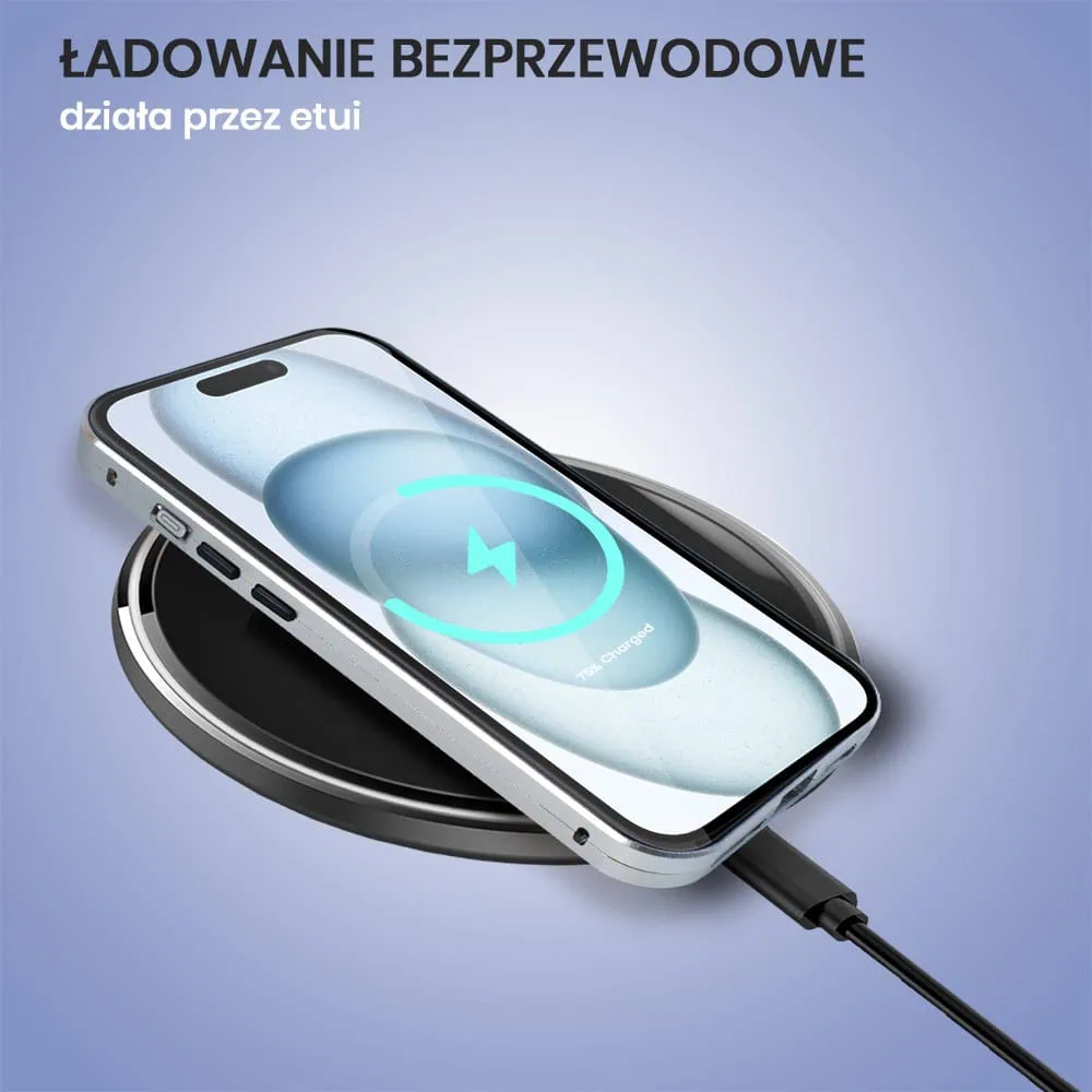 Obudowa do iPhone 15 podwójna szyba i aluminium 360° przód + tył magnetyczna, z osłoną aparatu, srebrna