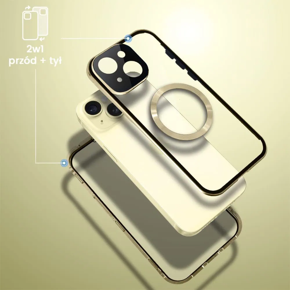 Obudowa do iPhone 15 podwójna szyba i aluminium 360° przód + tył magnetyczna, z Magsafe i osłoną aparatu, złota