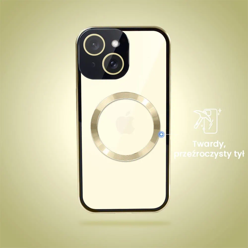 Obudowa do iPhone 15 podwójna szyba i aluminium 360° przód + tył magnetyczna, z Magsafe i osłoną aparatu, złota