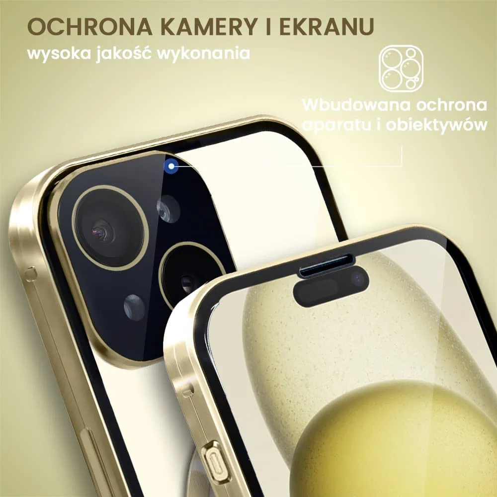 Obudowa do iPhone 15 podwójna szyba i aluminium 360° przód + tył magnetyczna, z Magsafe i osłoną aparatu, złota