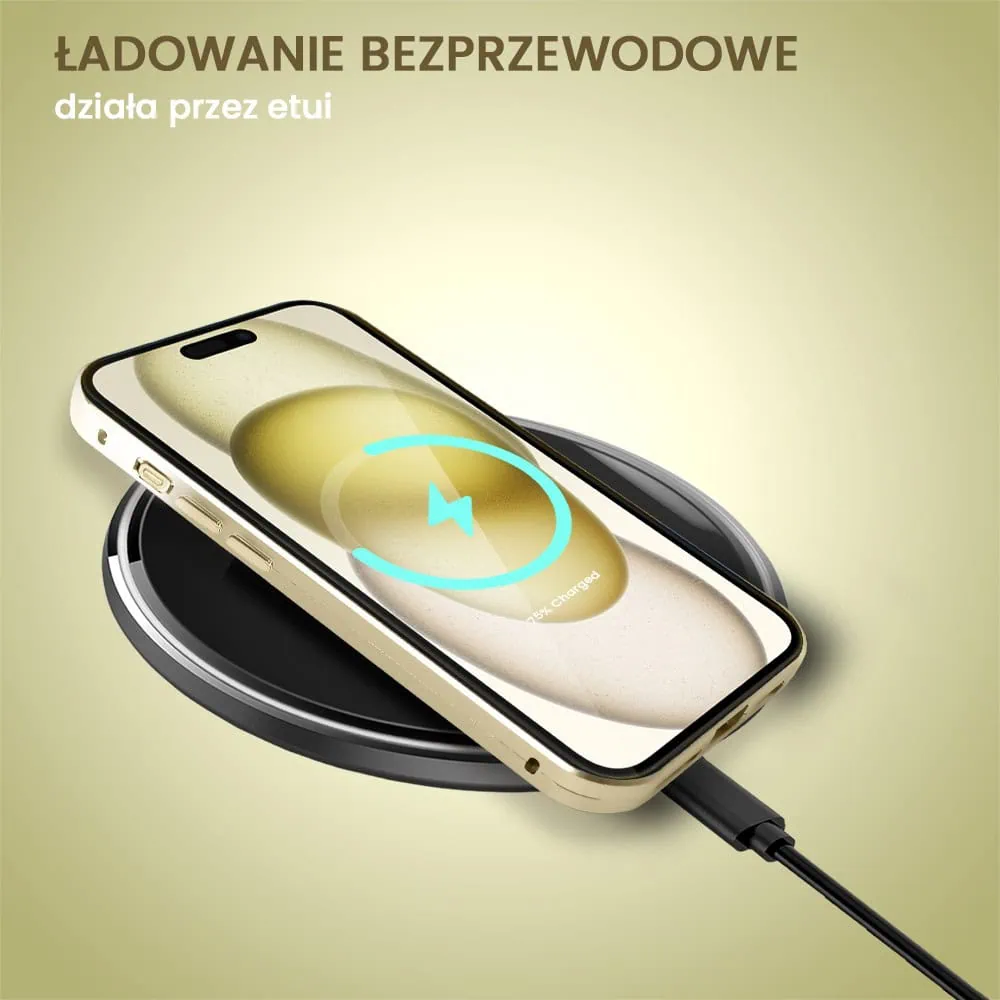 Obudowa do iPhone 15 podwójna szyba i aluminium 360° przód + tył magnetyczna, z Magsafe i osłoną aparatu, złota
