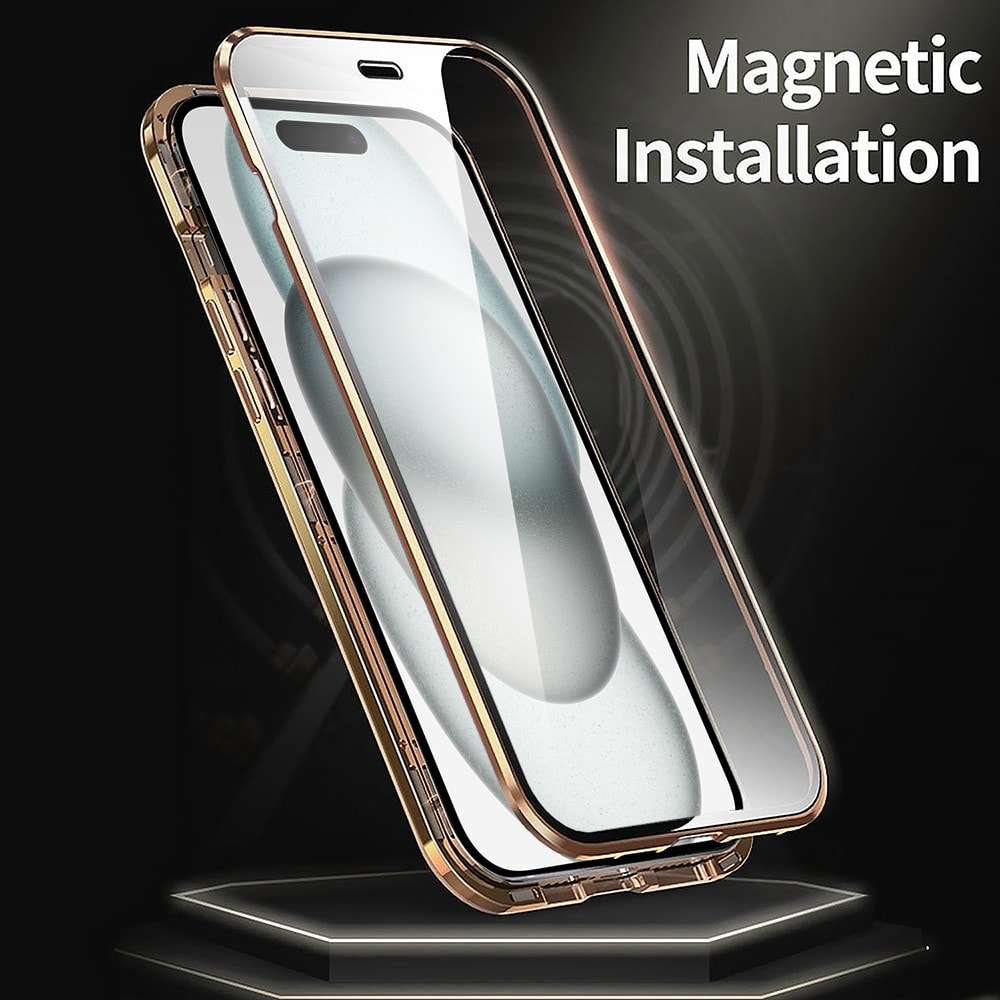 Obudowa do iPhone 15 Plus podwójna szyba i aluminium 360° przód + tył magnetyczna, z osłoną aparatu, złota