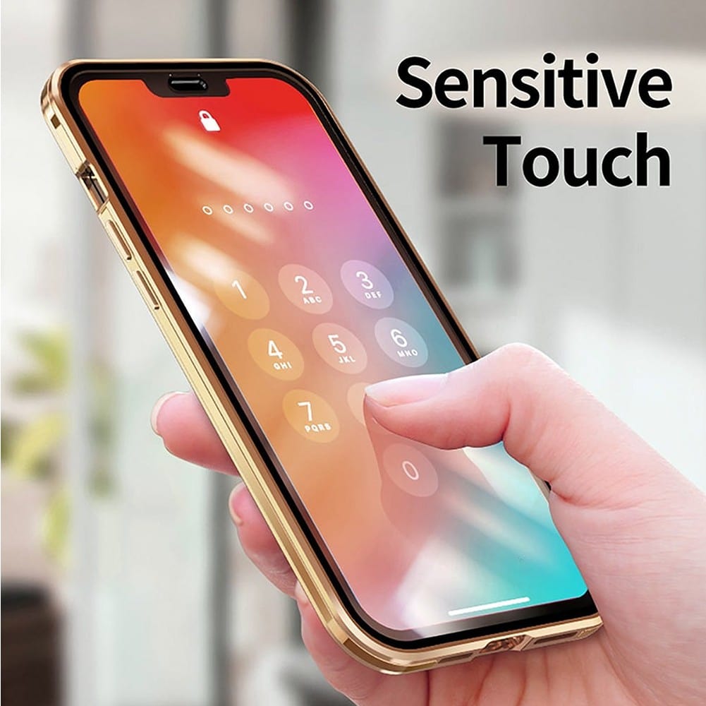 Obudowa do iPhone 15 Plus podwójna szyba i aluminium 360° przód + tył magnetyczna, z osłoną aparatu, złota