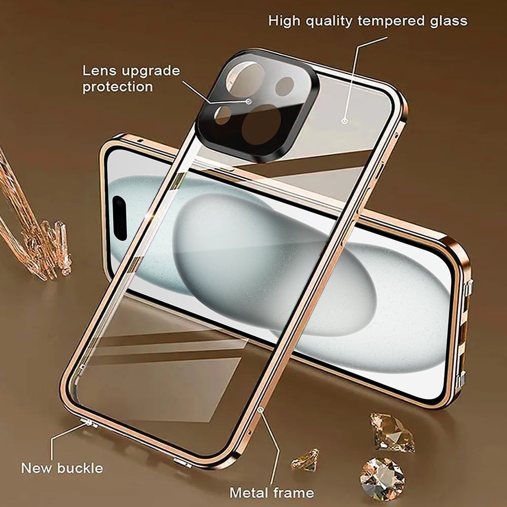 Obudowa do iPhone 15 Plus podwójna szyba i aluminium 360° przód + tył magnetyczna, z osłoną aparatu, złota