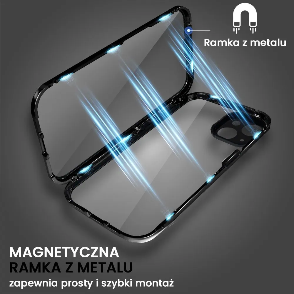 Obudowa do iPhone 15 Plus podwójna szyba i polerowane aluminium 360° magnetyczna, z osłoną aparatu, czarna