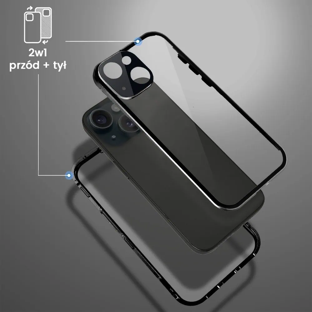 Obudowa do iPhone 15 Plus podwójna szyba i polerowane aluminium 360° magnetyczna, z osłoną aparatu, czarna
