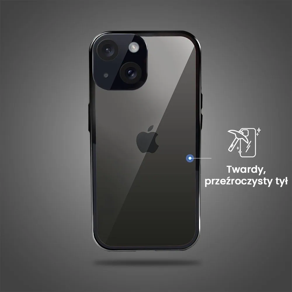 Obudowa do iPhone 15 Plus podwójna szyba i polerowane aluminium 360° magnetyczna, z osłoną aparatu, czarna
