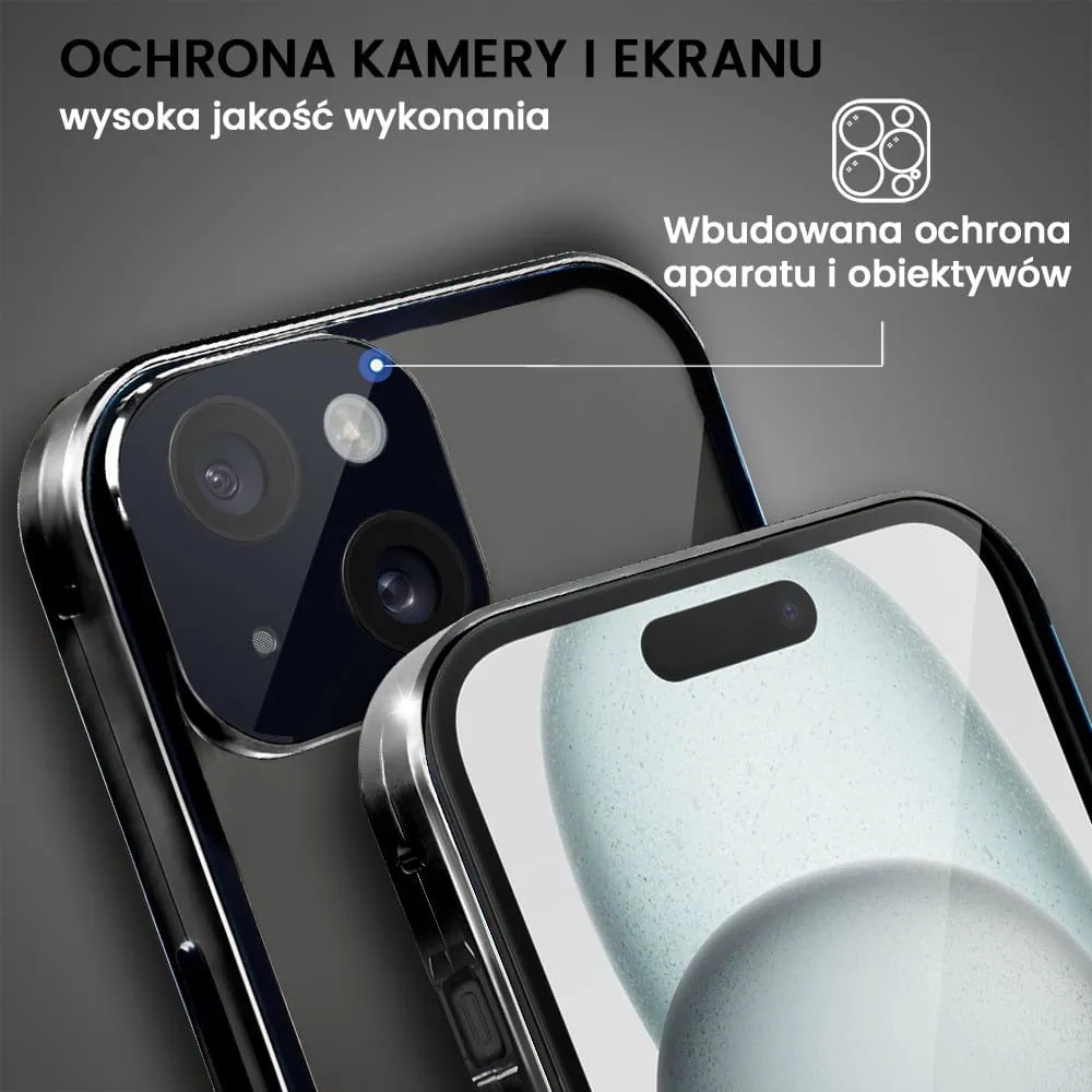 Obudowa do iPhone 15 Plus podwójna szyba i polerowane aluminium 360° magnetyczna, z osłoną aparatu, czarna