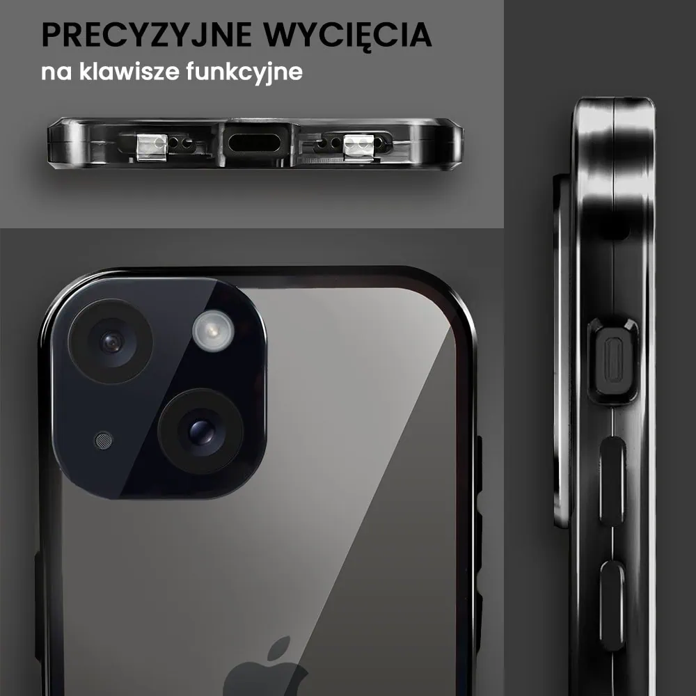 Obudowa do iPhone 15 Plus podwójna szyba i polerowane aluminium 360° magnetyczna, z osłoną aparatu, czarna