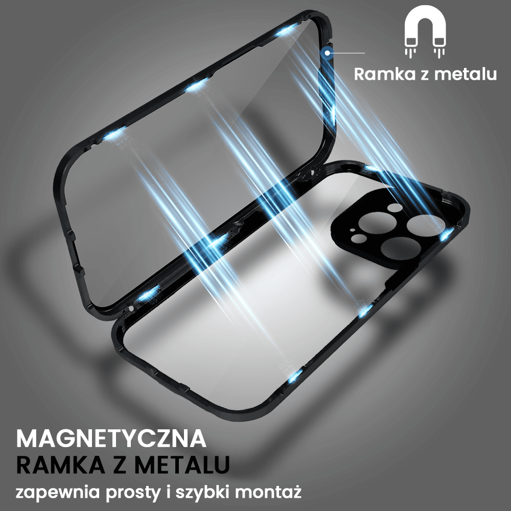 Obudowa do iPhone 15 Pro, podwójna szyba i aluminium 360° przód + tył magnetyczna, z osłoną aparatu i szkłem prywatyzującym, czarna