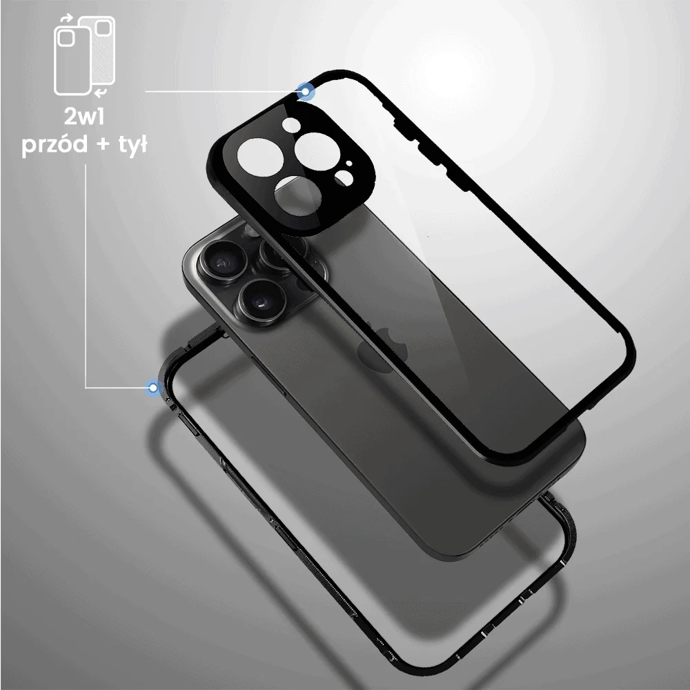 Obudowa do iPhone 15 Pro, podwójna szyba i aluminium 360° przód + tył magnetyczna, z osłoną aparatu i szkłem prywatyzującym, czarna