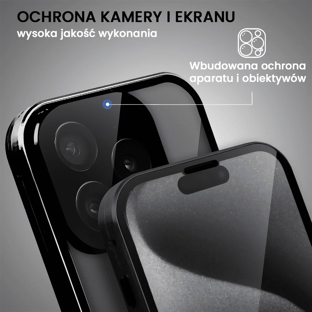Obudowa do iPhone 15 Pro, podwójna szyba i aluminium 360° przód + tył magnetyczna, z osłoną aparatu i szkłem prywatyzującym, czarna