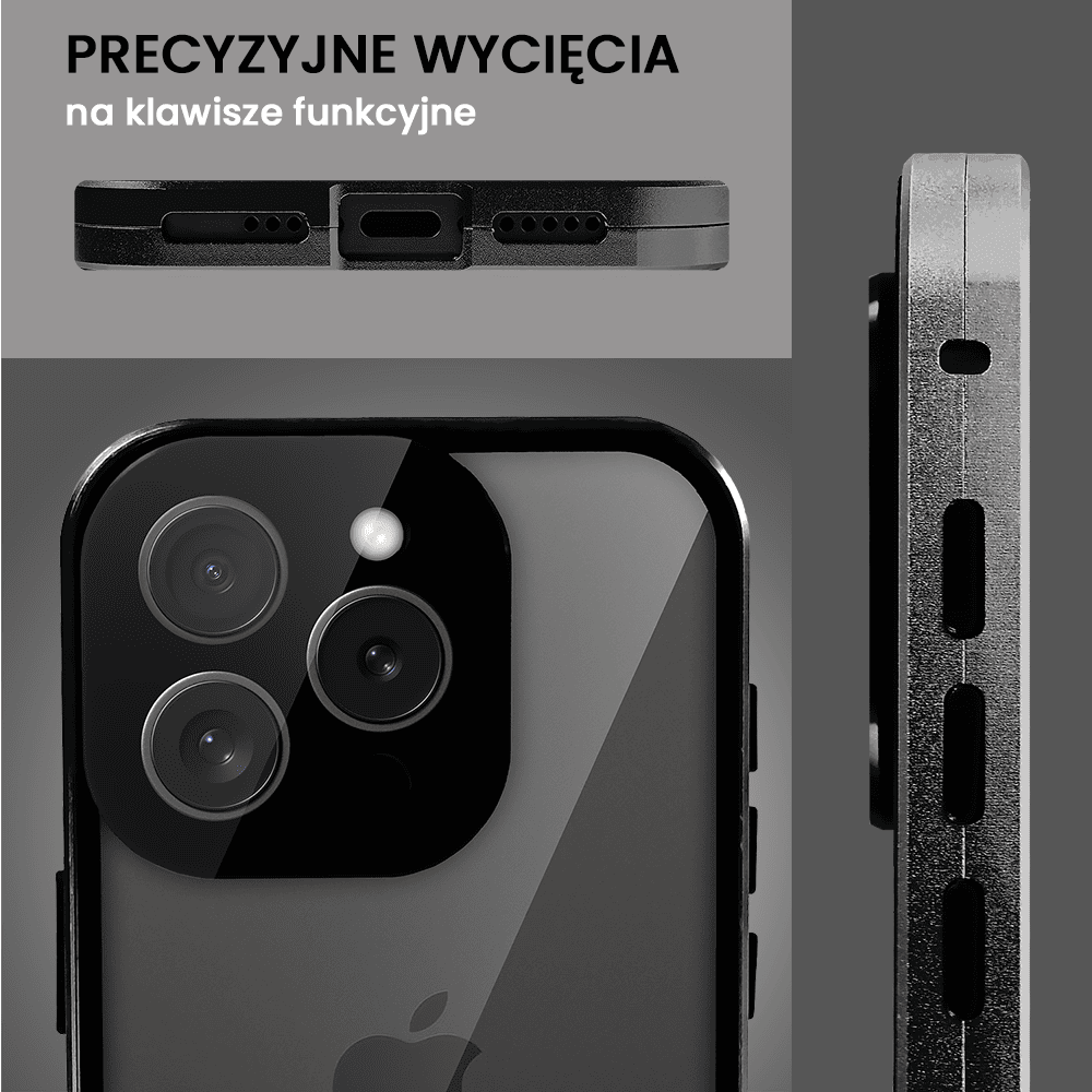 Obudowa do iPhone 15 Pro, podwójna szyba i aluminium 360° przód + tył magnetyczna, z osłoną aparatu i szkłem prywatyzującym, czarna
