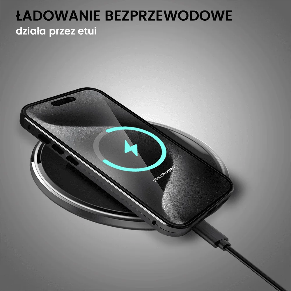 Obudowa do iPhone 15 Pro, podwójna szyba i aluminium 360° przód + tył magnetyczna, z osłoną aparatu i szkłem prywatyzującym, czarna