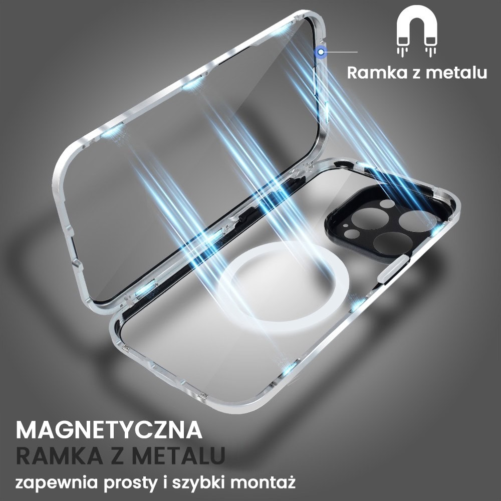 Obudowa do iPhone 15 Pro podwójna szyba i aluminium 360° przód + tył magnetyczna, z Magsafe i osłoną aparatu, srebrna