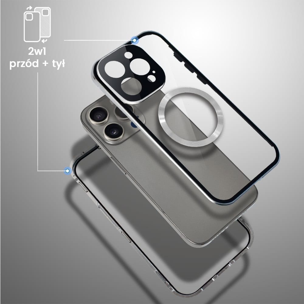 Obudowa do iPhone 15 Pro podwójna szyba i aluminium 360° przód + tył magnetyczna, z Magsafe i osłoną aparatu, srebrna