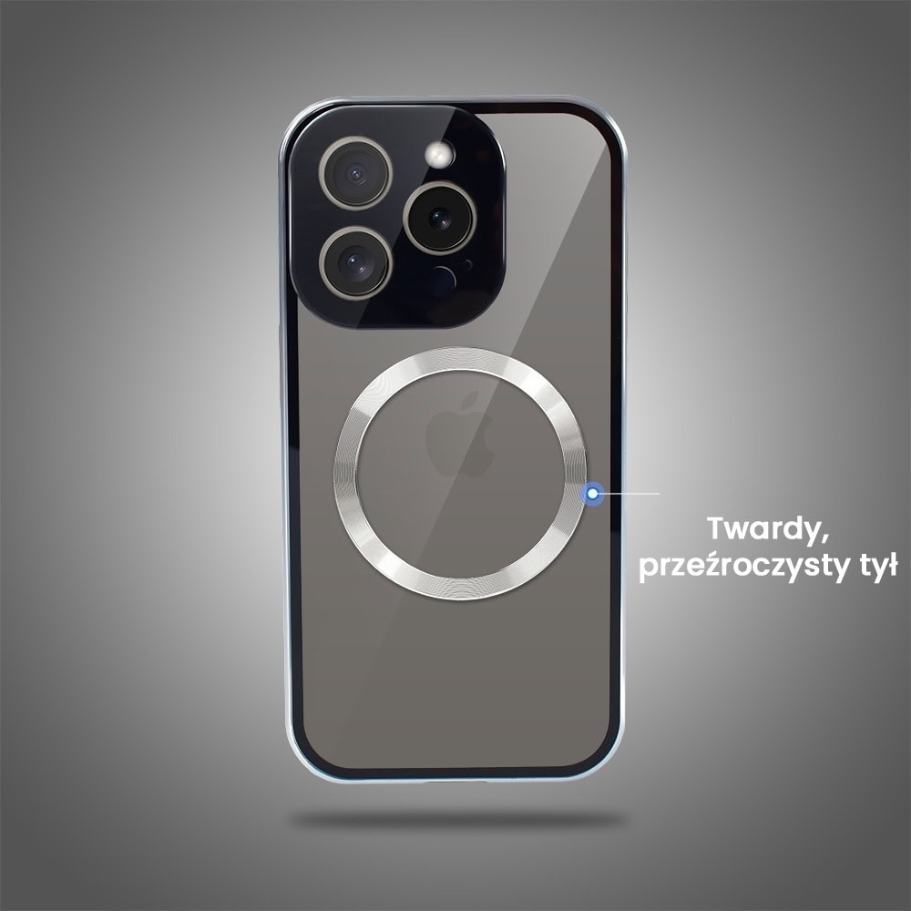 Obudowa do iPhone 15 Pro podwójna szyba i aluminium 360° przód + tył magnetyczna, z Magsafe i osłoną aparatu, srebrna