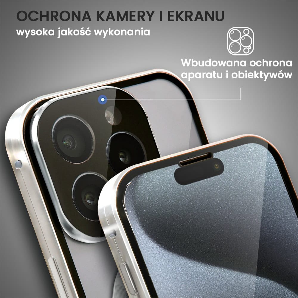 Obudowa do iPhone 15 Pro podwójna szyba i aluminium 360° przód + tył magnetyczna, z Magsafe i osłoną aparatu, srebrna