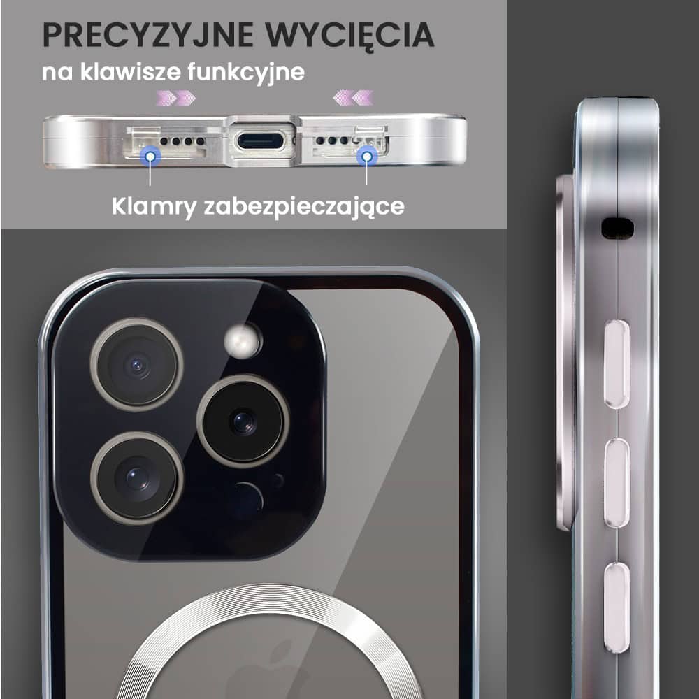 Obudowa do iPhone 15 Pro podwójna szyba i aluminium 360° przód + tył magnetyczna, z Magsafe i osłoną aparatu, srebrna