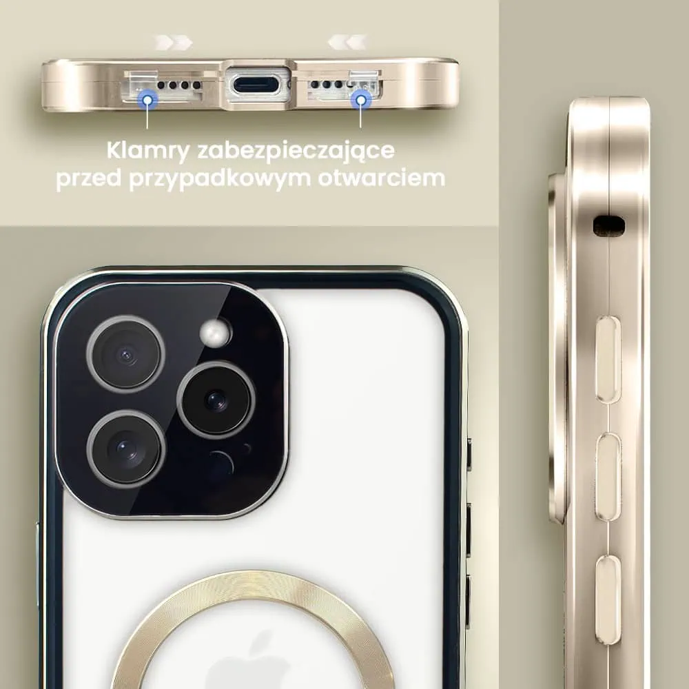 Obudowa do iPhone 15 Pro Max podwójna szyba i aluminium 360° przód + tył magnetyczna, matowy tył, z MagSafe i osłoną aparatu, złota