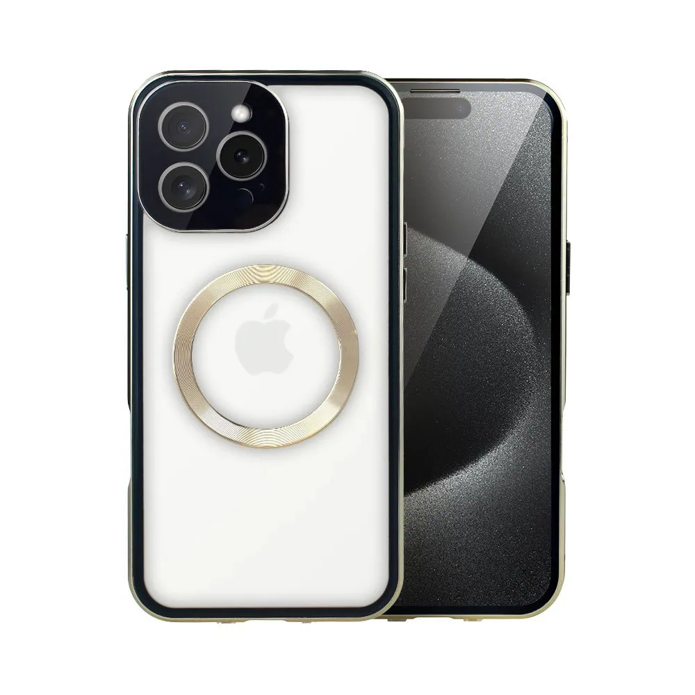 Obudowa do iPhone 15 Pro Max podwójna szyba i aluminium 360° przód + tył magnetyczna, matowy tył, z MagSafe i osłoną aparatu, złota