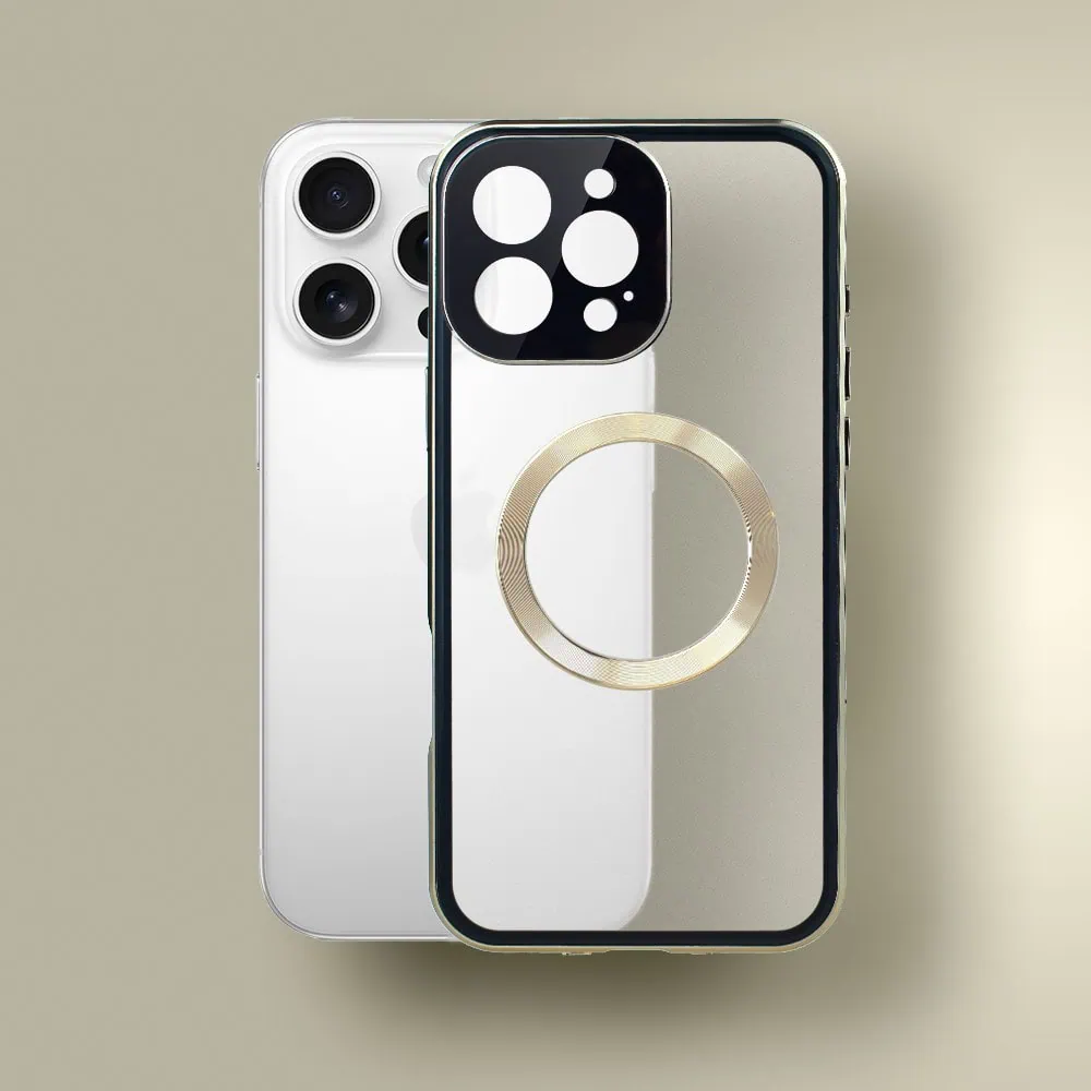 Obudowa do iPhone 15 Pro Max podwójna szyba i aluminium 360° przód + tył magnetyczna, matowy tył, z MagSafe i osłoną aparatu, złota