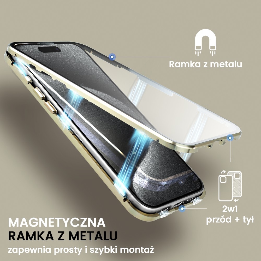 Obudowa do iPhone 15 Pro Max podwójna szyba i aluminium 360° przód + tył magnetyczna, matowy tył, z MagSafe i osłoną aparatu, złota