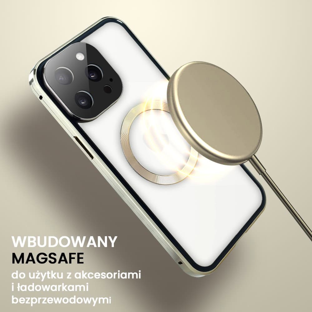 Obudowa do iPhone 15 Pro Max podwójna szyba i aluminium 360° przód + tył magnetyczna, matowy tył, z MagSafe i osłoną aparatu, złota