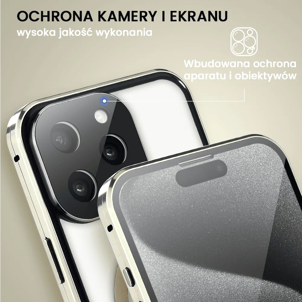 Obudowa do iPhone 15 Pro Max podwójna szyba i aluminium 360° przód + tył magnetyczna, matowy tył, z MagSafe i osłoną aparatu, złota