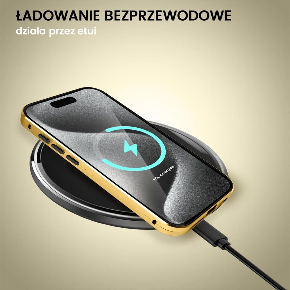 Obudowa do iPhone 15 Pro Max, podwójna szyba i aluminium 360° przód + tył magnetyczna, z osłoną aparatu, złota
