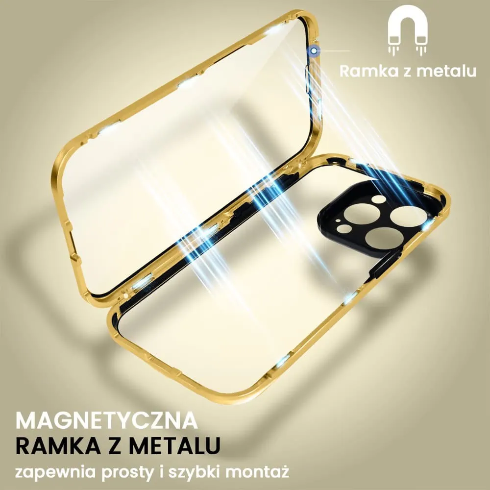 Obudowa do iPhone 15 Pro Max, podwójna szyba i aluminium 360° przód + tył magnetyczna, z osłoną aparatu, złota