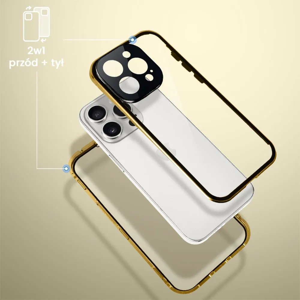 Obudowa do iPhone 15 Pro Max, podwójna szyba i aluminium 360° przód + tył magnetyczna, z osłoną aparatu, złota
