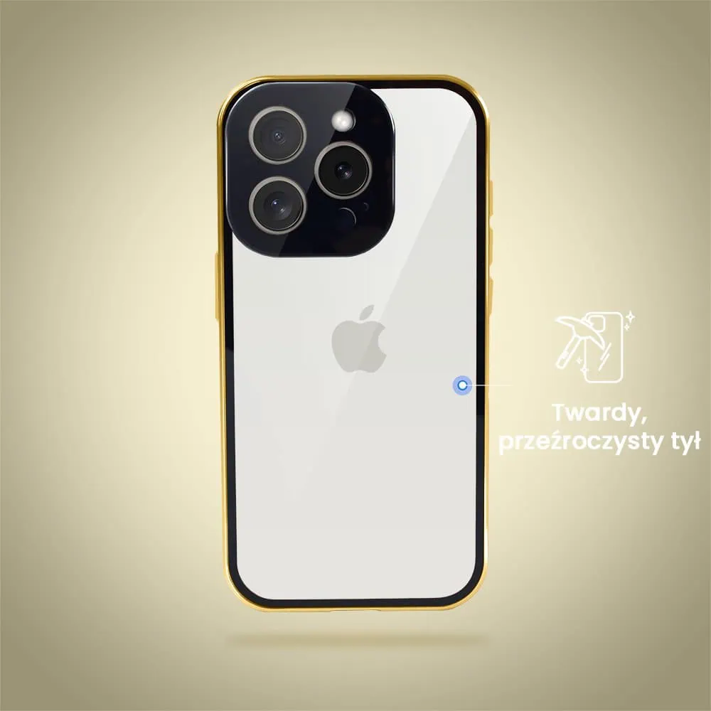 Obudowa do iPhone 15 Pro Max, podwójna szyba i aluminium 360° przód + tył magnetyczna, z osłoną aparatu, złota