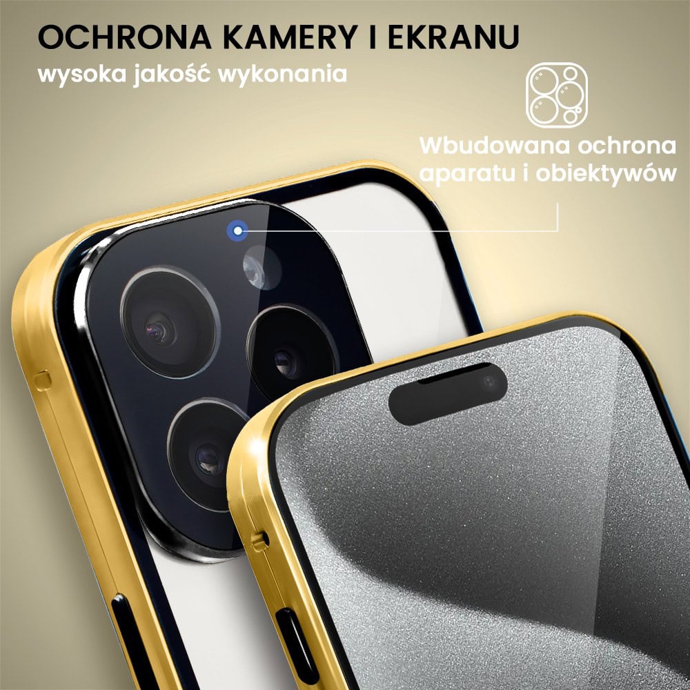 Obudowa do iPhone 15 Pro Max, podwójna szyba i aluminium 360° przód + tył magnetyczna, z osłoną aparatu, złota