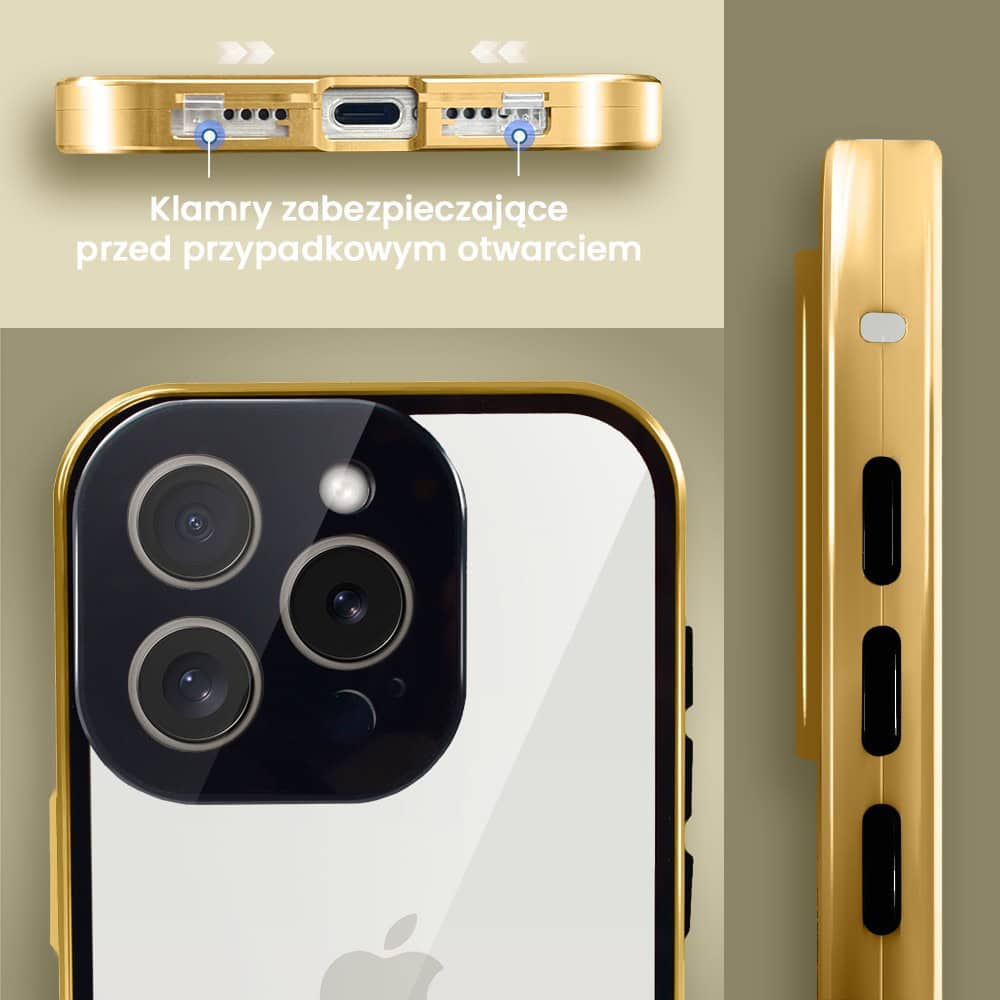 Obudowa do iPhone 15 Pro Max, podwójna szyba i aluminium 360° przód + tył magnetyczna, z osłoną aparatu, złota