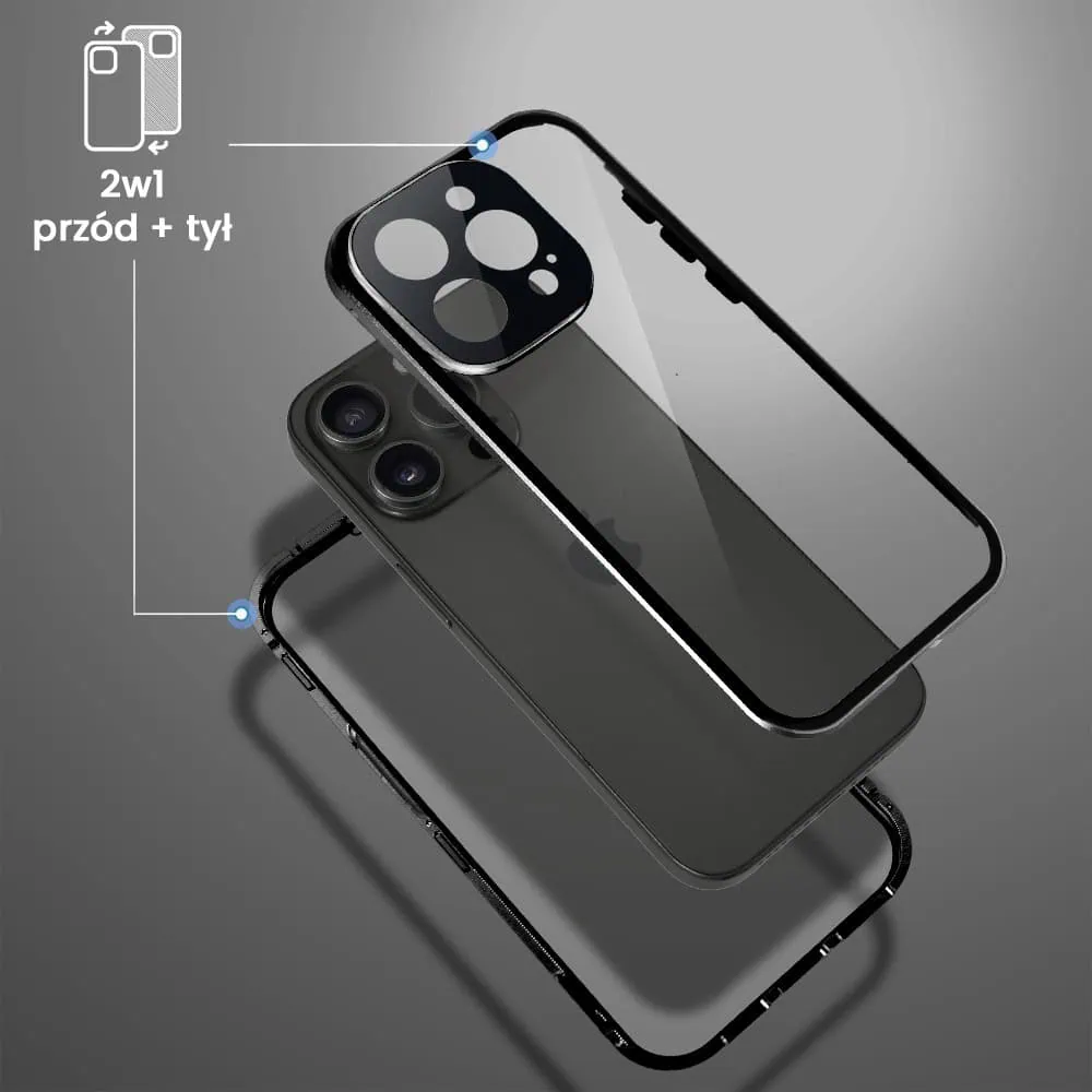 Obudowa do iPhone 15 Pro Max podwójna szyba i polerowane aluminium 360° magnetyczna, z osłoną aparatu, czarna