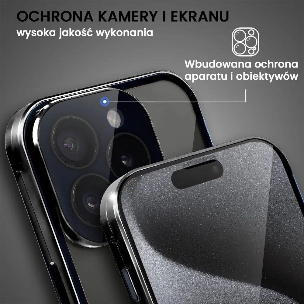 Obudowa do iPhone 15 Pro Max podwójna szyba i polerowane aluminium 360° magnetyczna, z osłoną aparatu, czarna