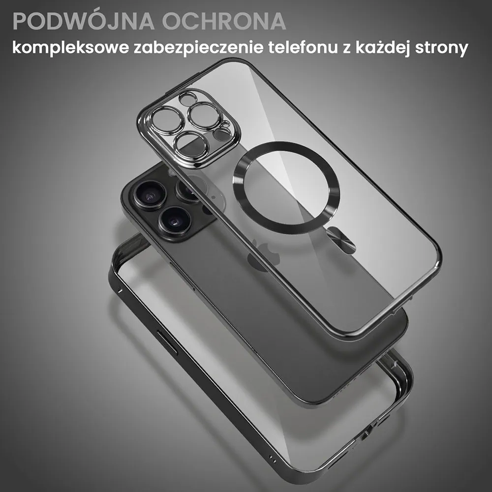 Obudowa do iPhone 15 Pro, podwójna szyba i polerowane aluminium 360° zamykany przód + tył z MagSafe, czarna