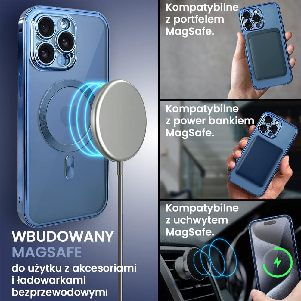 Obudowa do iPhone 15 Pro, podwójna szyba i polerowane aluminium 360° zamykany przód + tył z MagSafe, granatowa