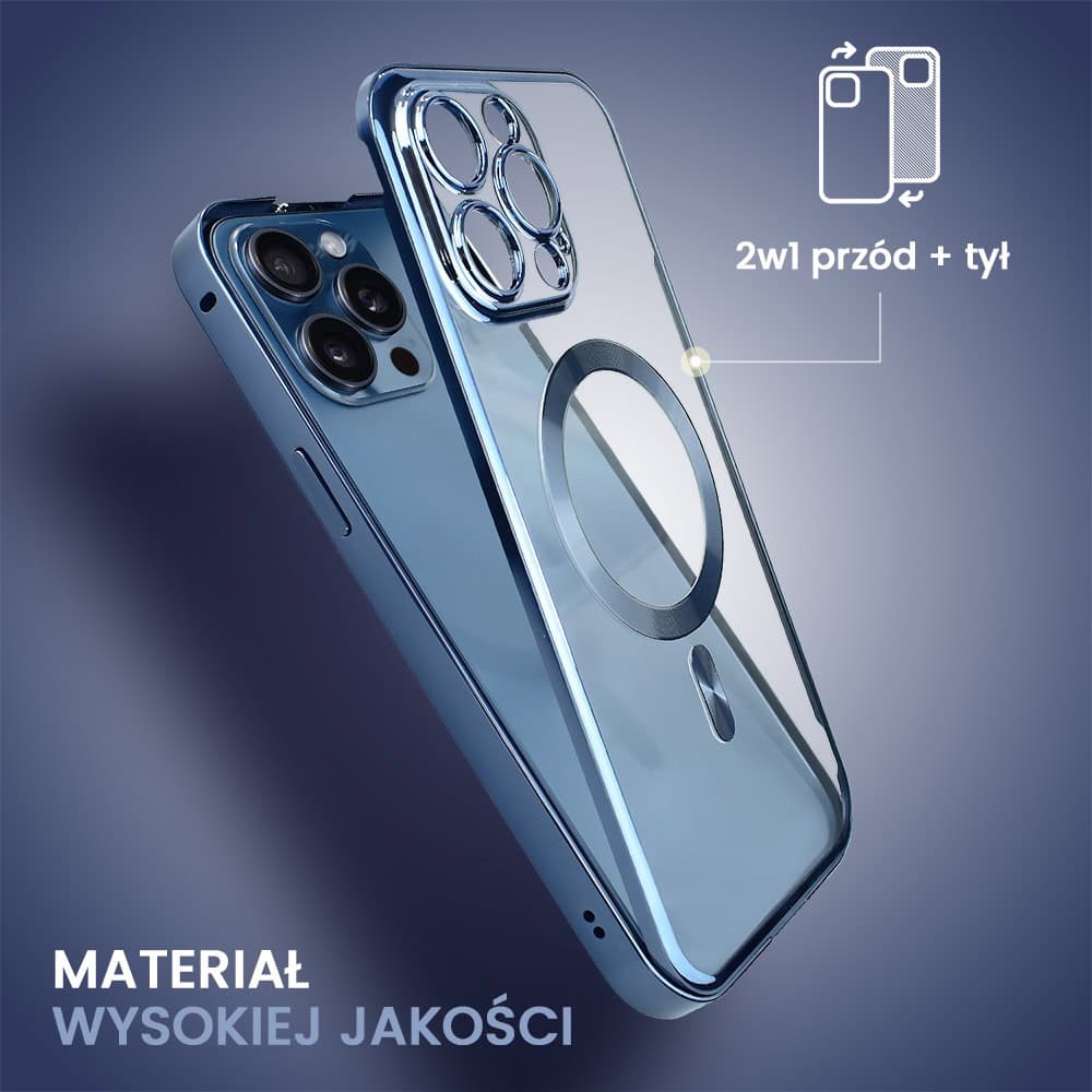 Obudowa do iPhone 15 Pro, podwójna szyba i polerowane aluminium 360° zamykany przód + tył z MagSafe, granatowa