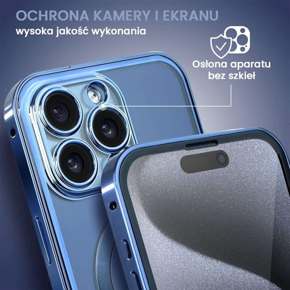 Obudowa do iPhone 15 Pro, podwójna szyba i polerowane aluminium 360° zamykany przód + tył z MagSafe, granatowa