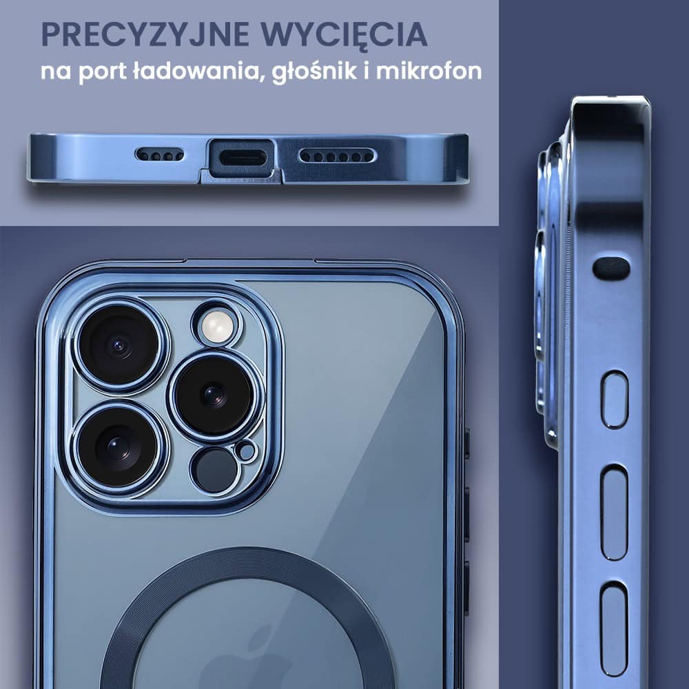 Obudowa do iPhone 15 Pro, podwójna szyba i polerowane aluminium 360° zamykany przód + tył z MagSafe, granatowa