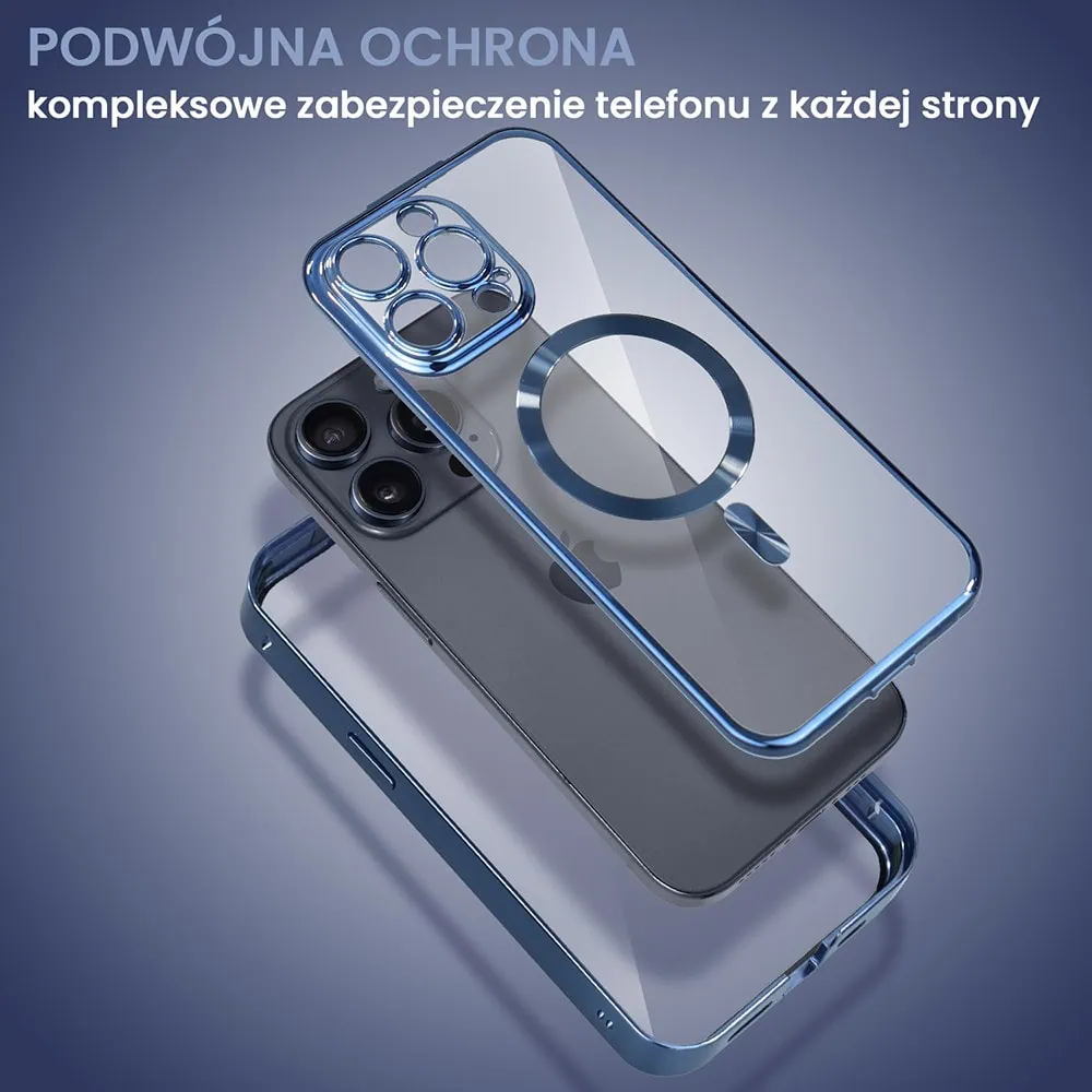 Obudowa do iPhone 15 Pro, podwójna szyba i polerowane aluminium 360° zamykany przód + tył z MagSafe, granatowa