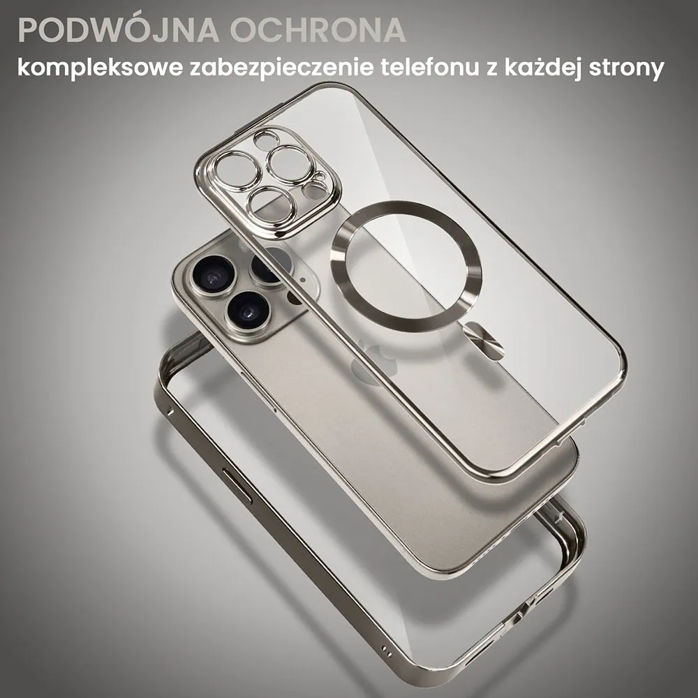 Obudowa do iPhone 15 Pro, podwójna szyba i polerowane aluminium 360° zamykany przód + tył z MagSafe, tytanowa
