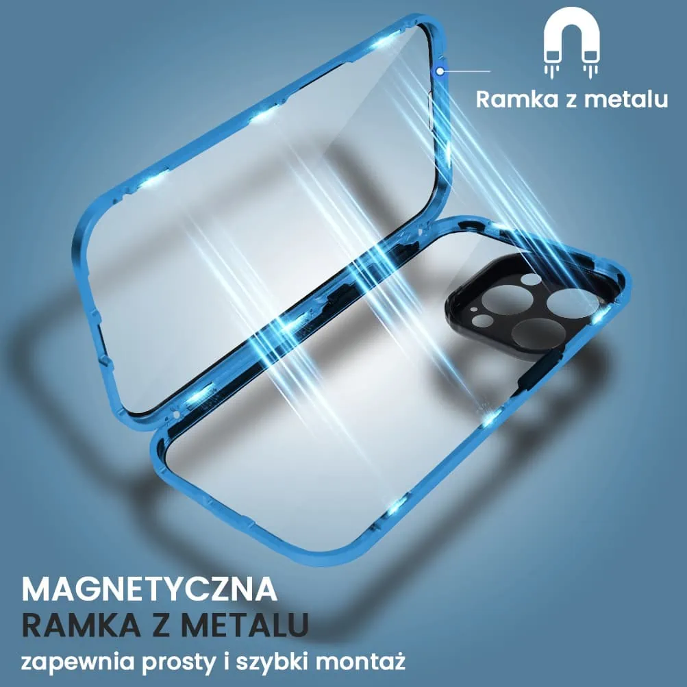 Obudowa do iPhone 15 Pro Max, podwójna szyba i aluminium 360° przód + tył magnetyczna, z osłoną aparatu, niebieska