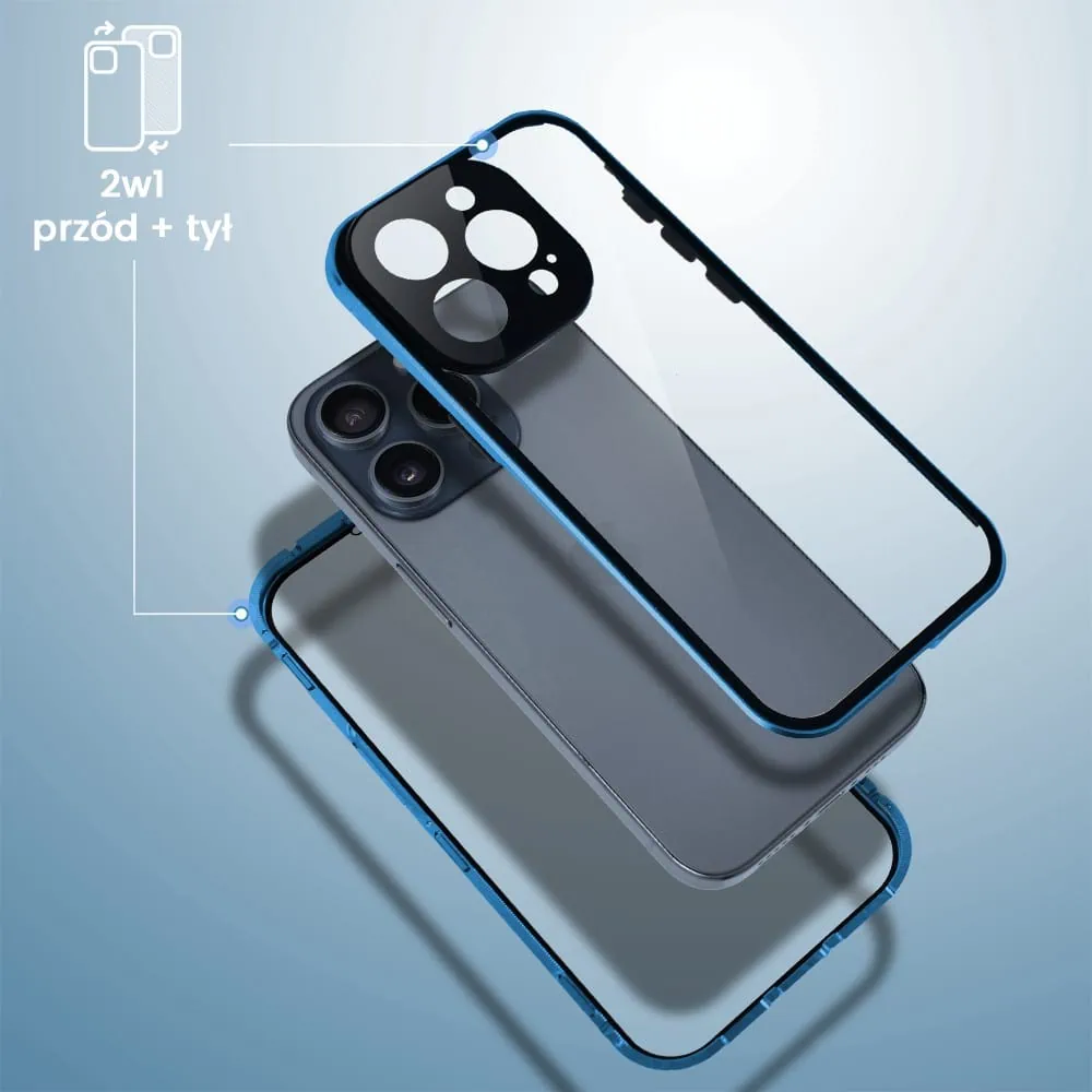 Obudowa do iPhone 15 Pro Max, podwójna szyba i aluminium 360° przód + tył magnetyczna, z osłoną aparatu, niebieska