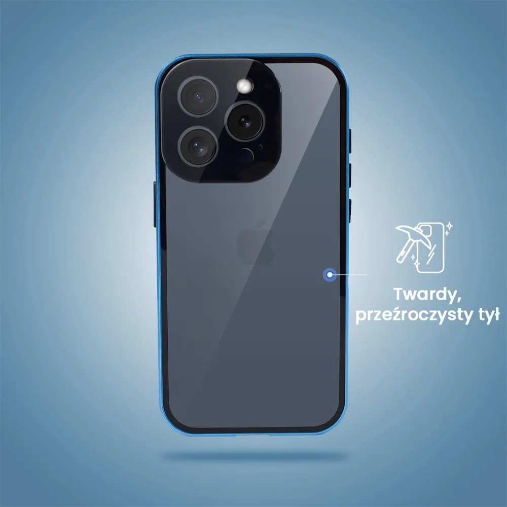 Obudowa do iPhone 15 Pro Max, podwójna szyba i aluminium 360° przód + tył magnetyczna, z osłoną aparatu, niebieska