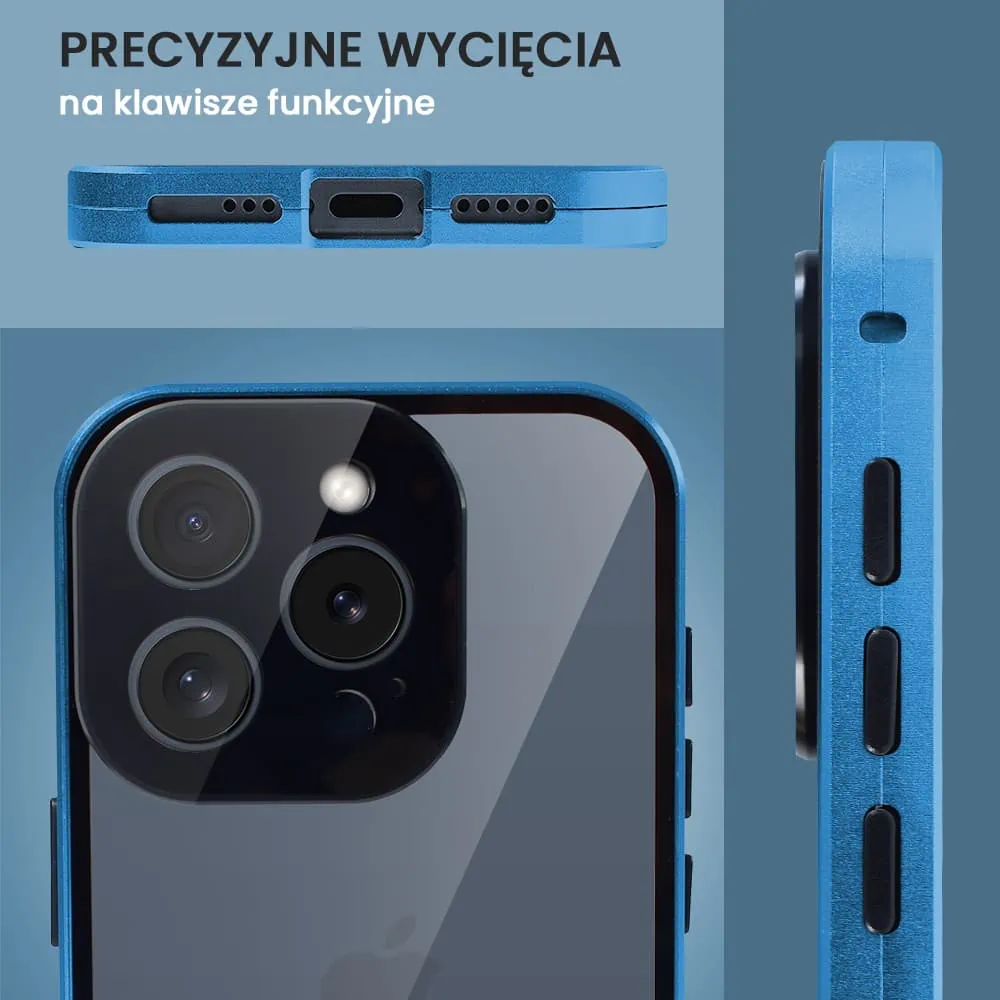 Obudowa do iPhone 15 Pro Max, podwójna szyba i aluminium 360° przód + tył magnetyczna, z osłoną aparatu, niebieska