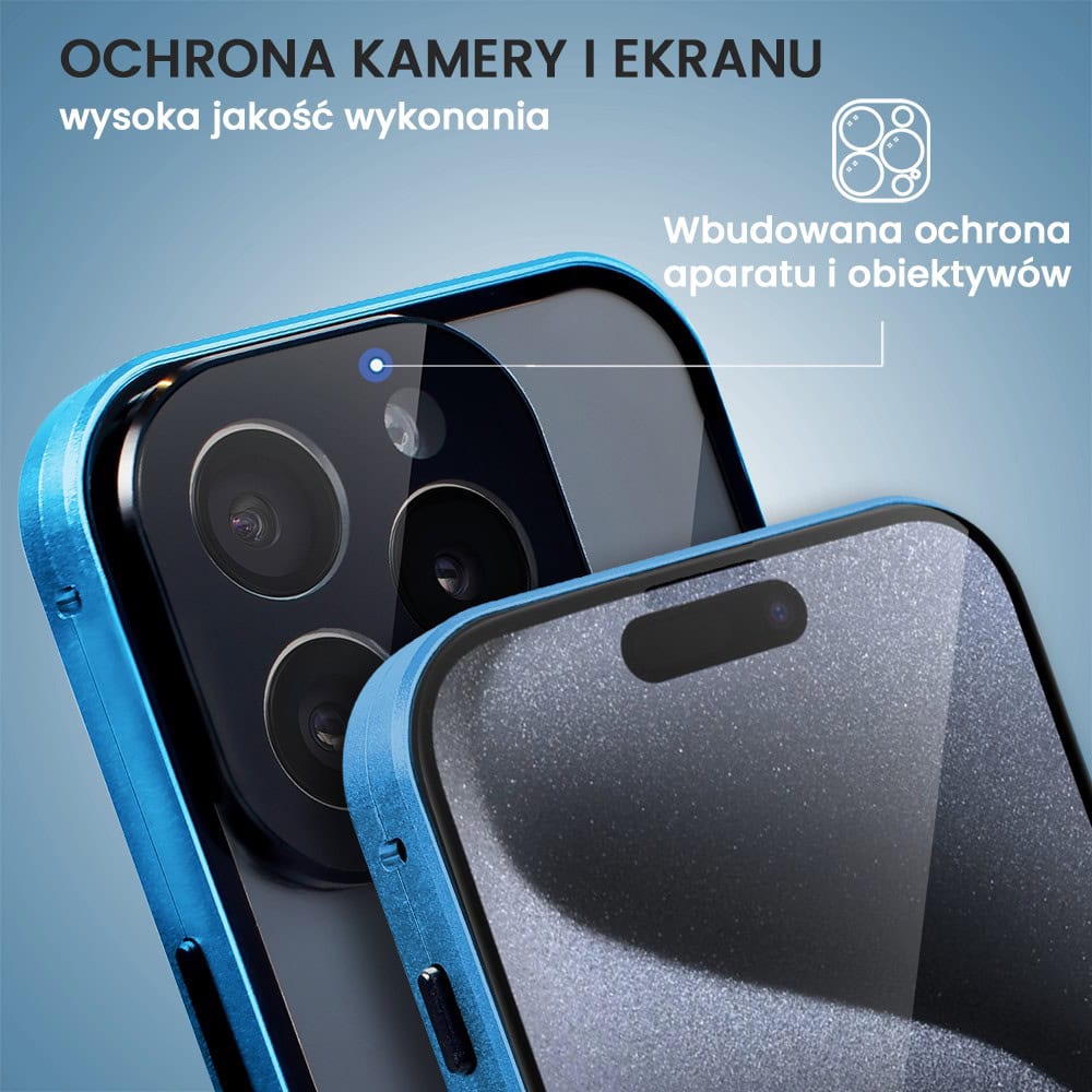 Obudowa do iPhone 15 Pro Max, podwójna szyba i aluminium 360° przód + tył magnetyczna, z osłoną aparatu, niebieska